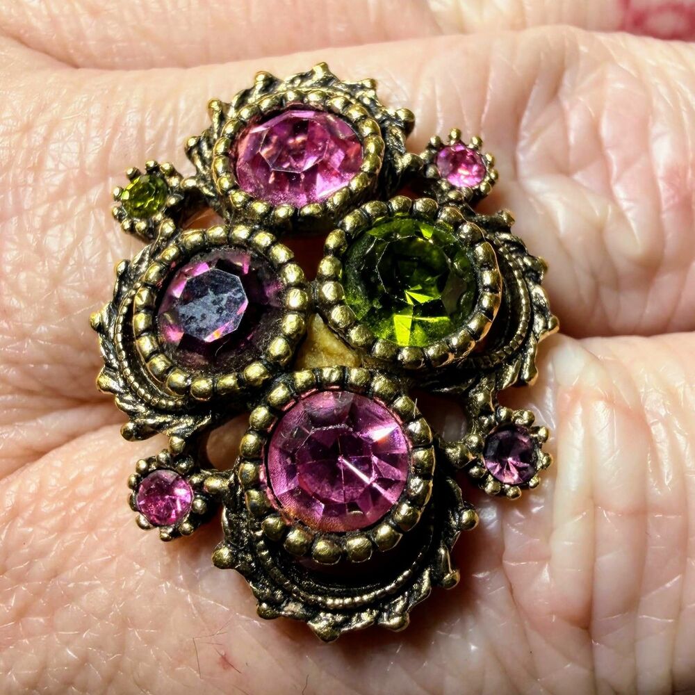 Sarah Coventry "Austrian Lites" Cluster Ring, Pink Green Purple Stones